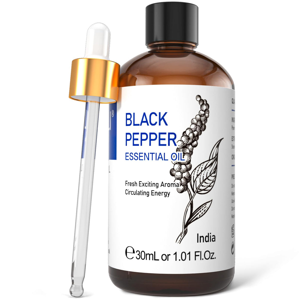 HIQILI Black Pepper Essential Oil bottle and amber glass dropper 1 oz (30 ml)