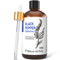 HIQILI Black Pepper Essential Oil bottle and amber glass dropper 1 oz (30 ml)