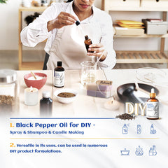 Close-up of HIQILI Black Pepper Essential Oil label and dropper