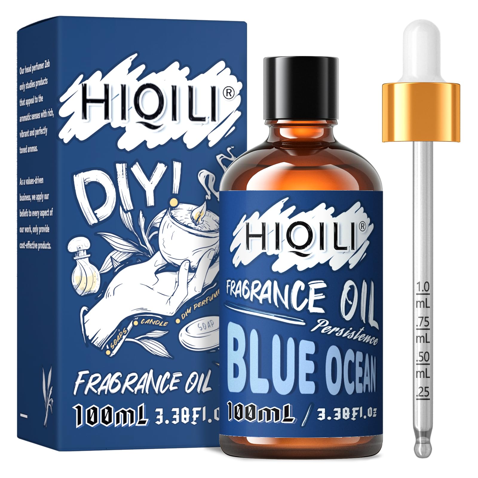Hiqili Blue Ocean fragrance oil 100ml in amber glass bottle with dropper