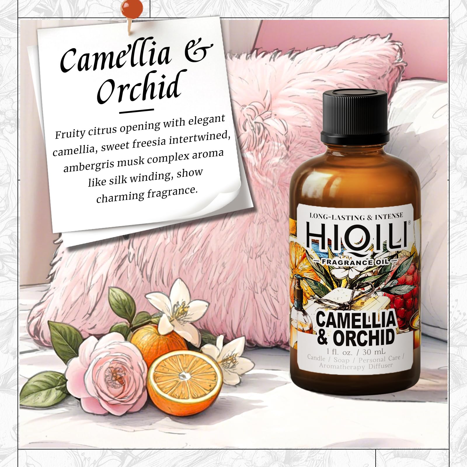 Fragrance oil bottle with Camellia and Orchid artwork