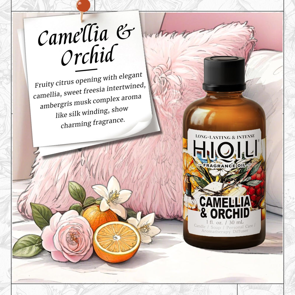 Fragrance oil bottle with Camellia and Orchid artwork