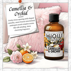 Fragrance oil bottle with Camellia and Orchid artwork
