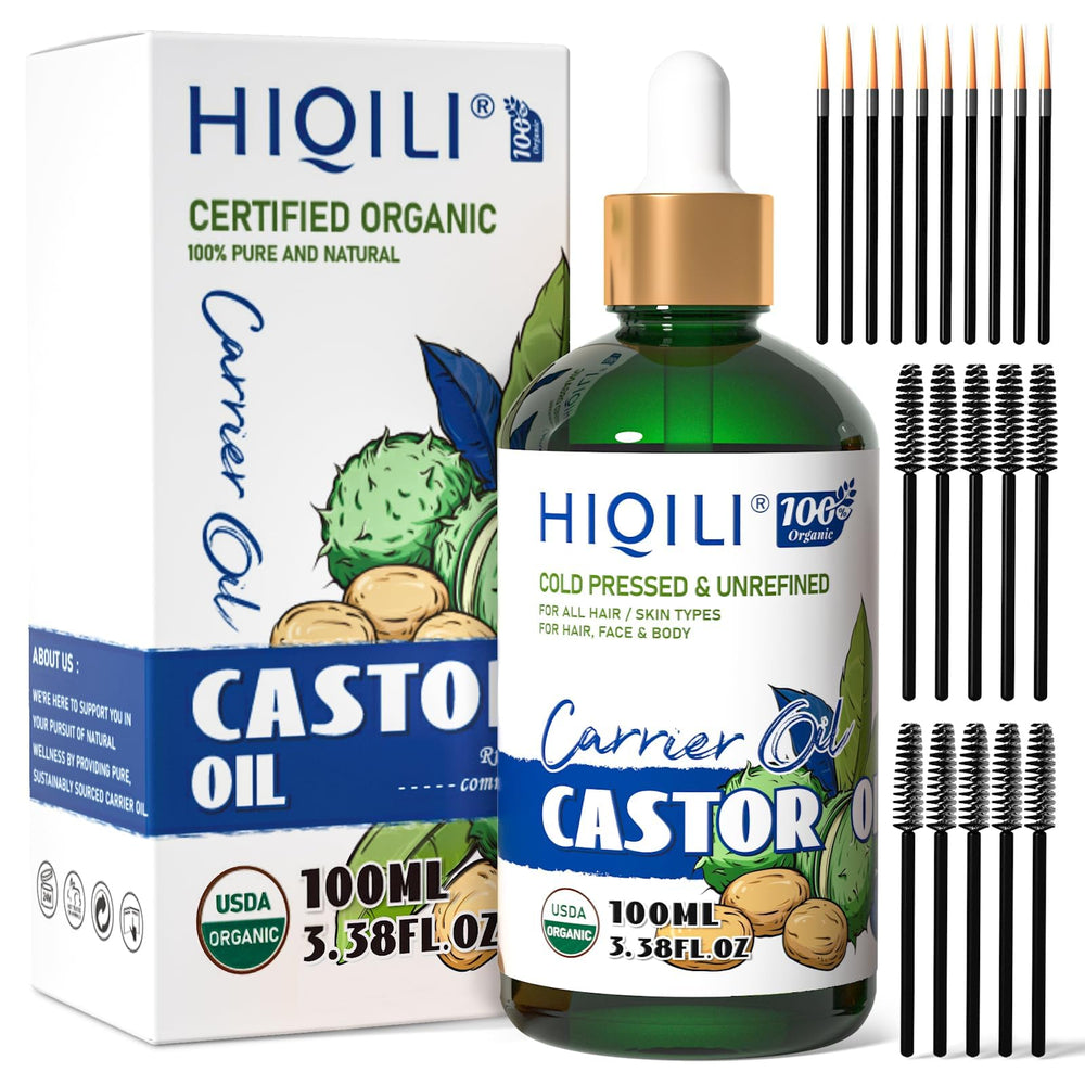 HIQILI Castor Oil Organic Cold Pressed in glass bottle