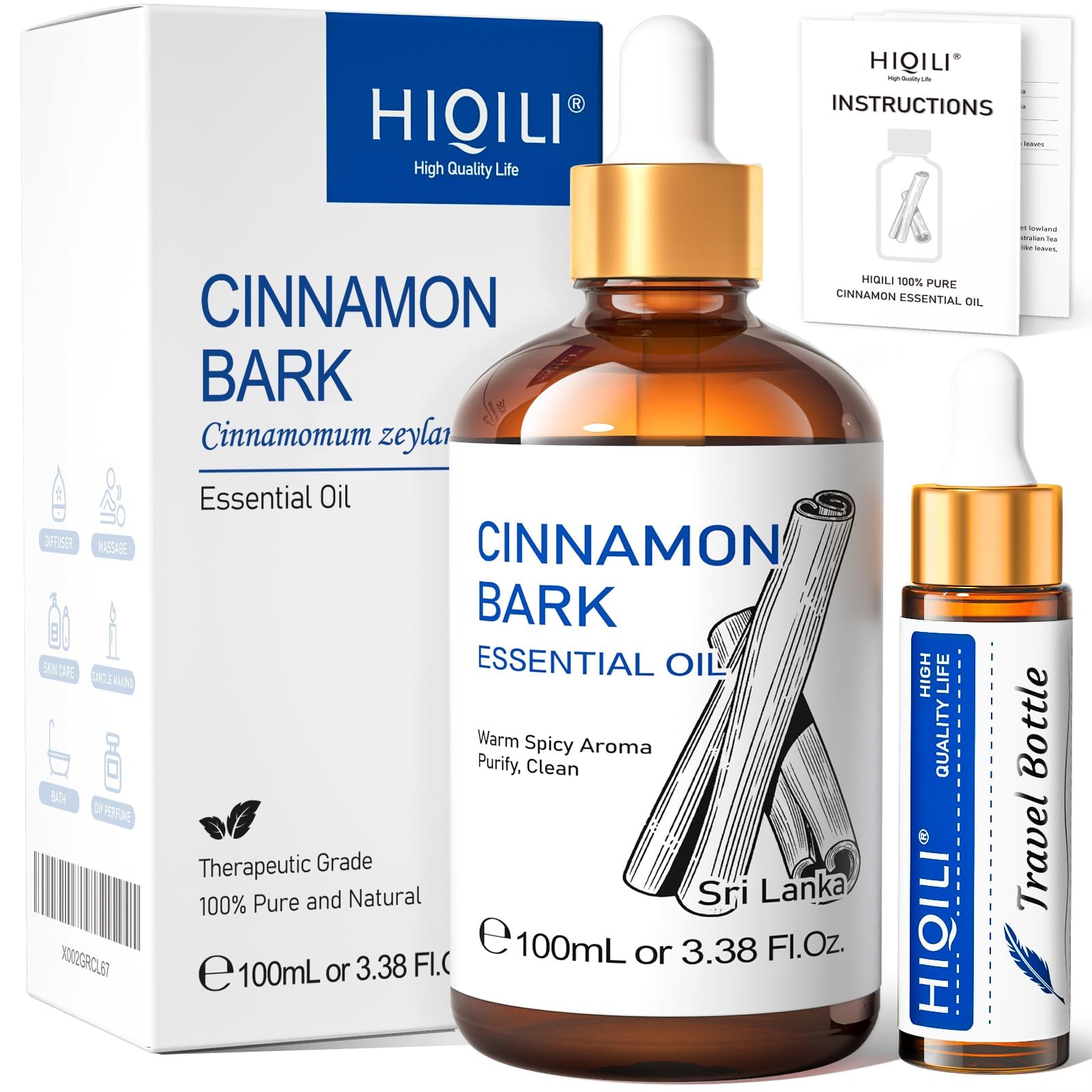 HIQILI Cinnamon Essential Oil 3.38 fl oz bottle for diffusers, sprays and DIY