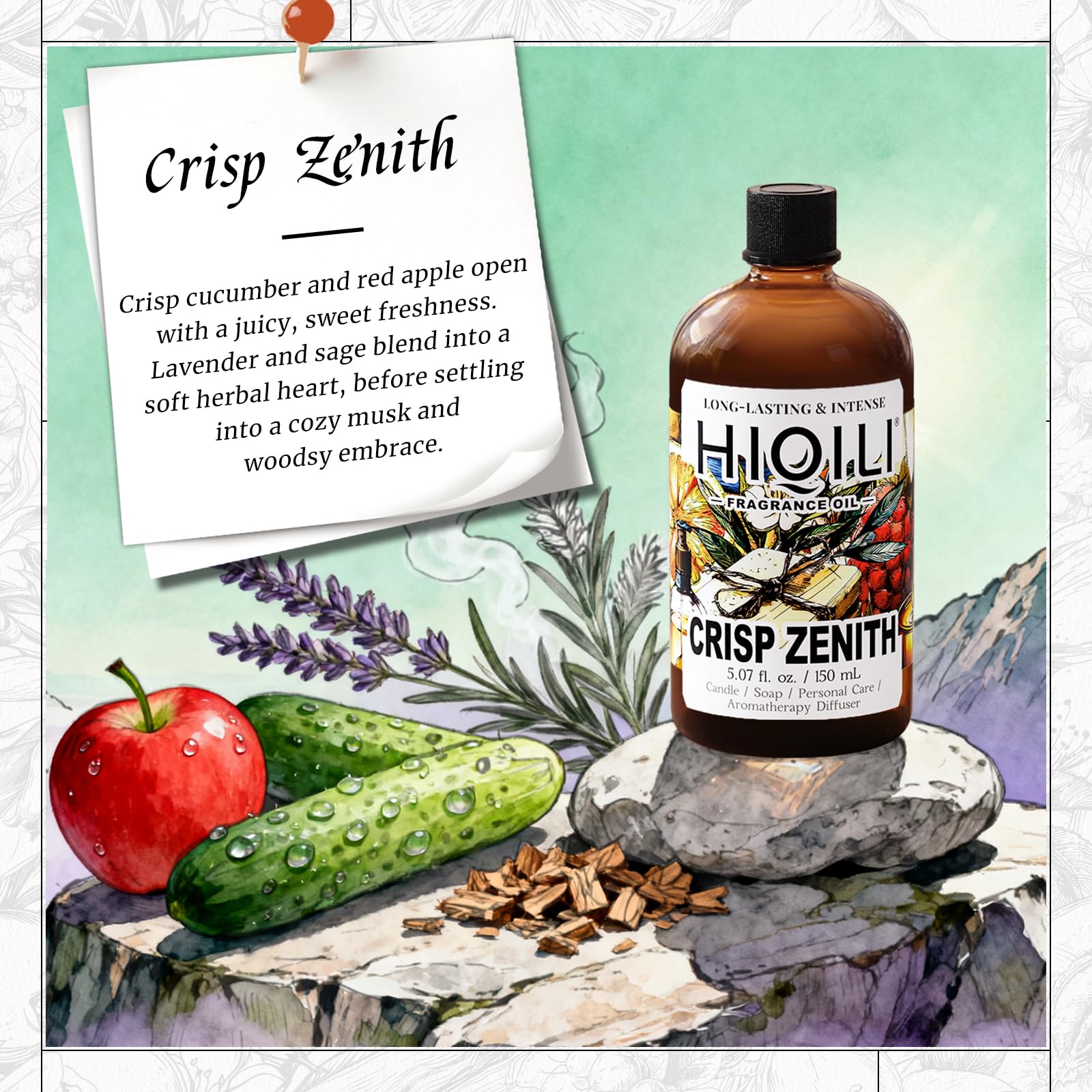 Close-up of the Crisp Zenith fragrance oil bottle and dropper