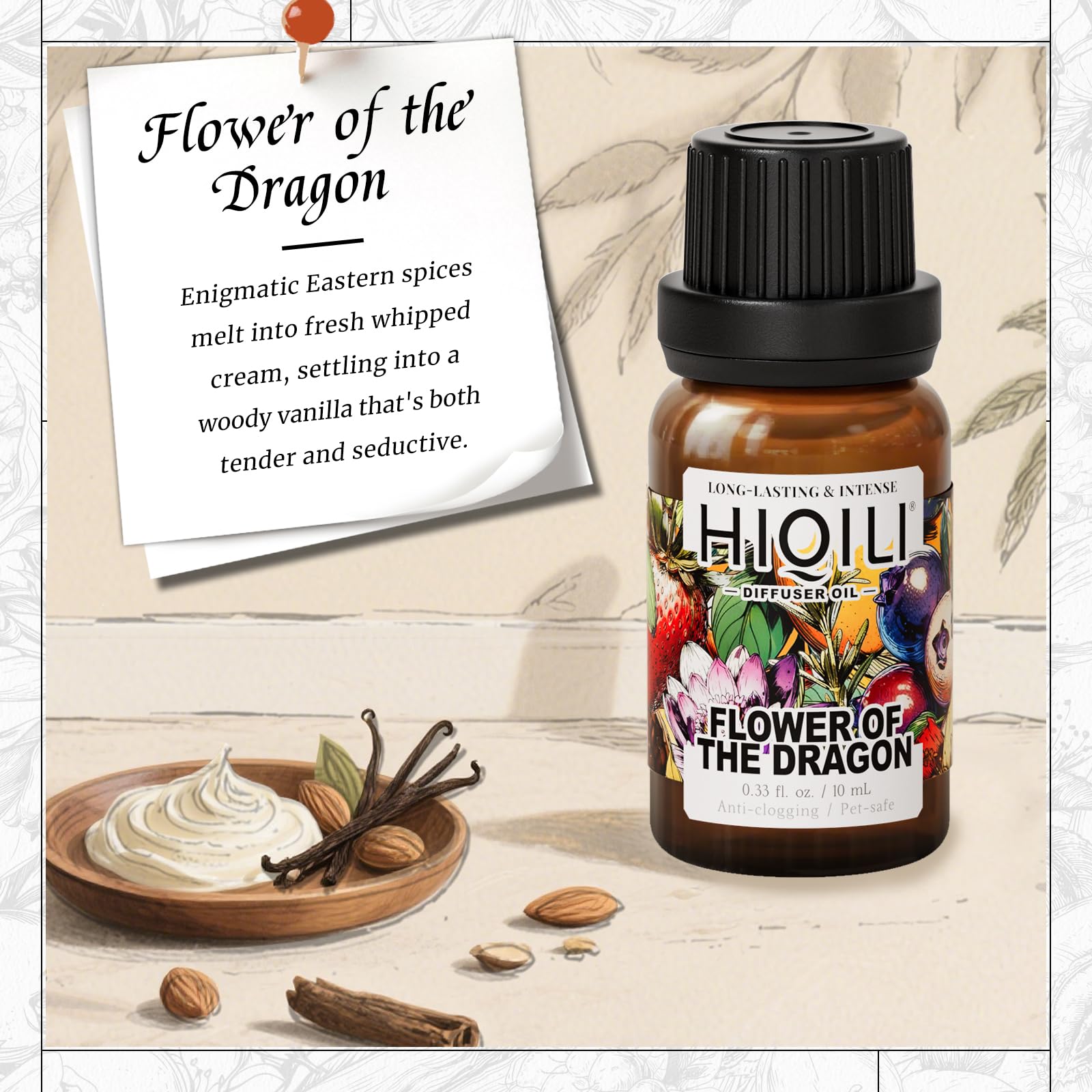 Close up of diffuser oil bottle showing oriental vanilla scent notes