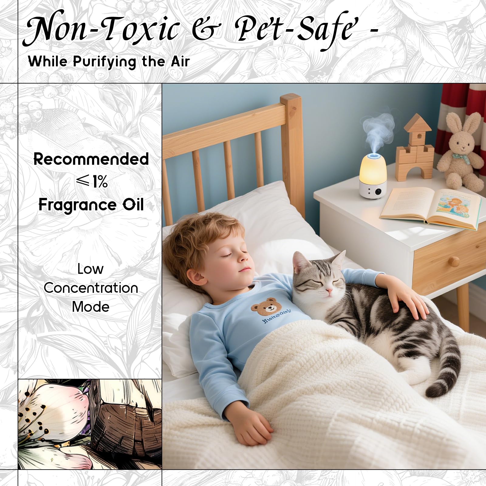 Pet safe diffuser oil bottle indicating pet friendly formula