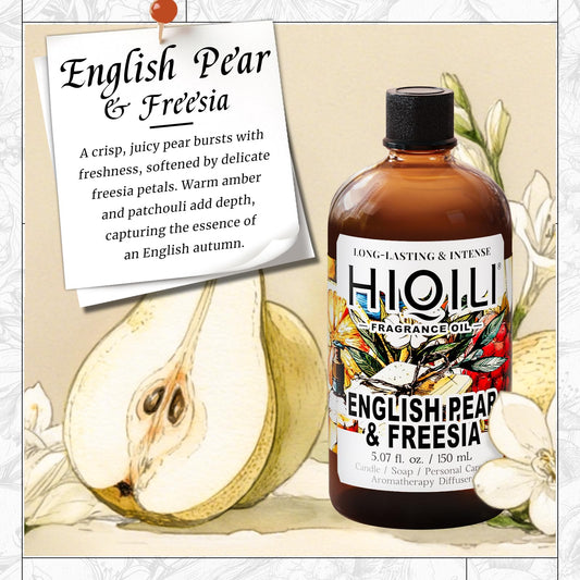 Close-up of pear and freesia notes with rose and lychee in the fragrance oil blend