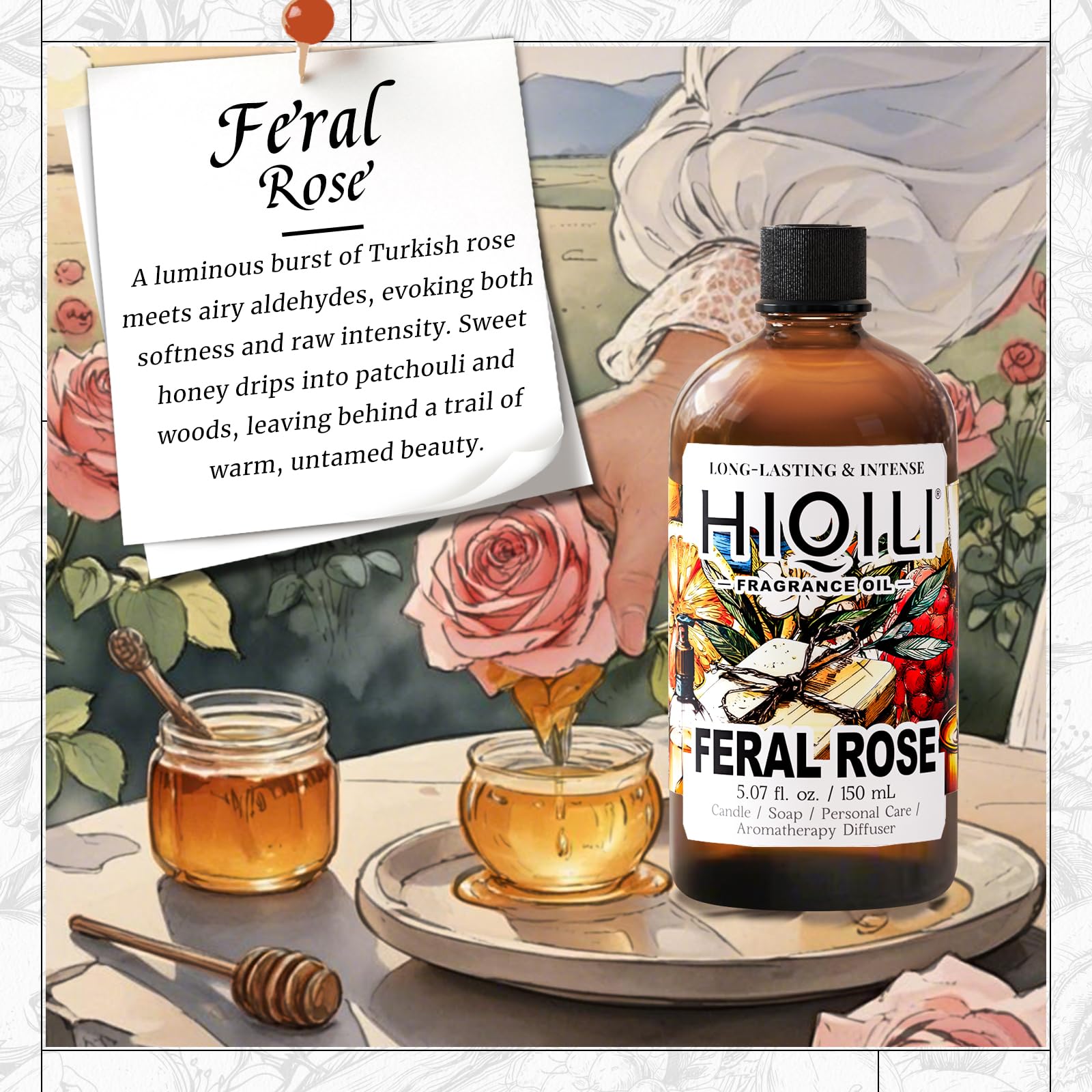 Close-up of Feral Rose notes: rose, honey, aldehyde, patchouli