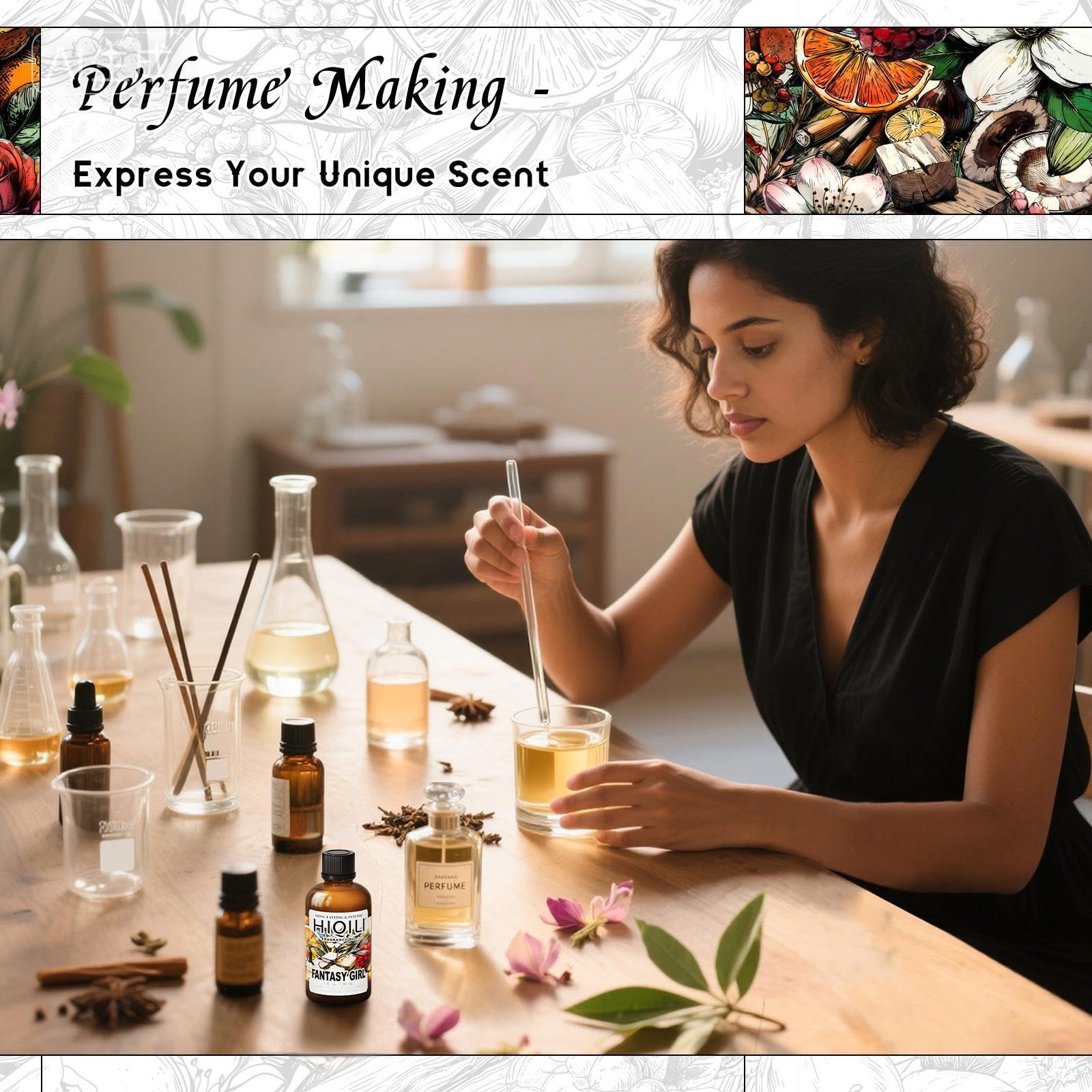 Long-lasting fragrance oil suitable for candles and diffusers.