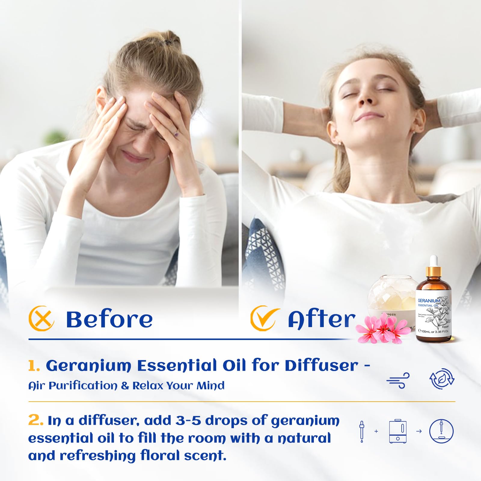 Close-up of HIQILI Geranium Essential Oil bottle