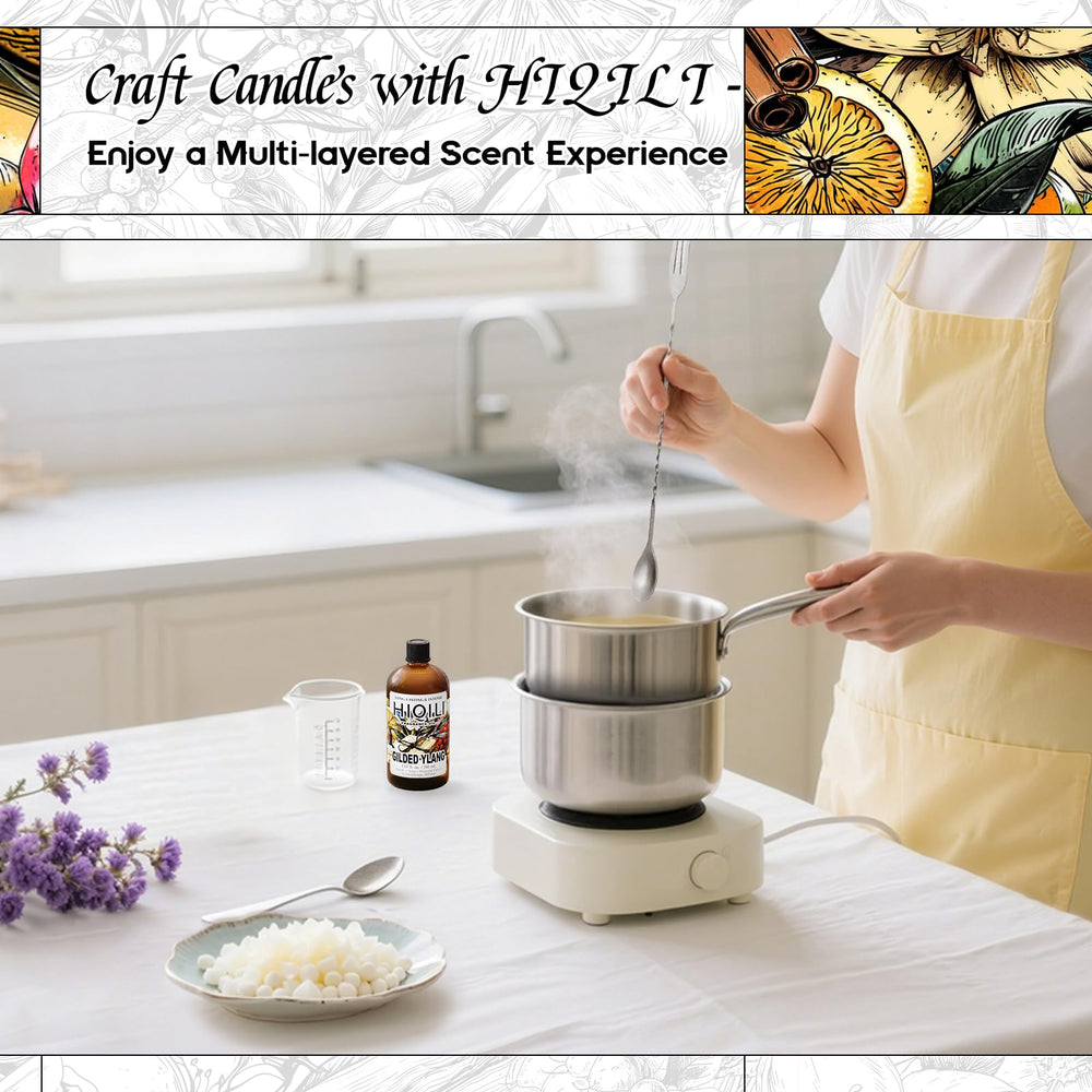 Candle making setup with gilded ylang fragrance oil