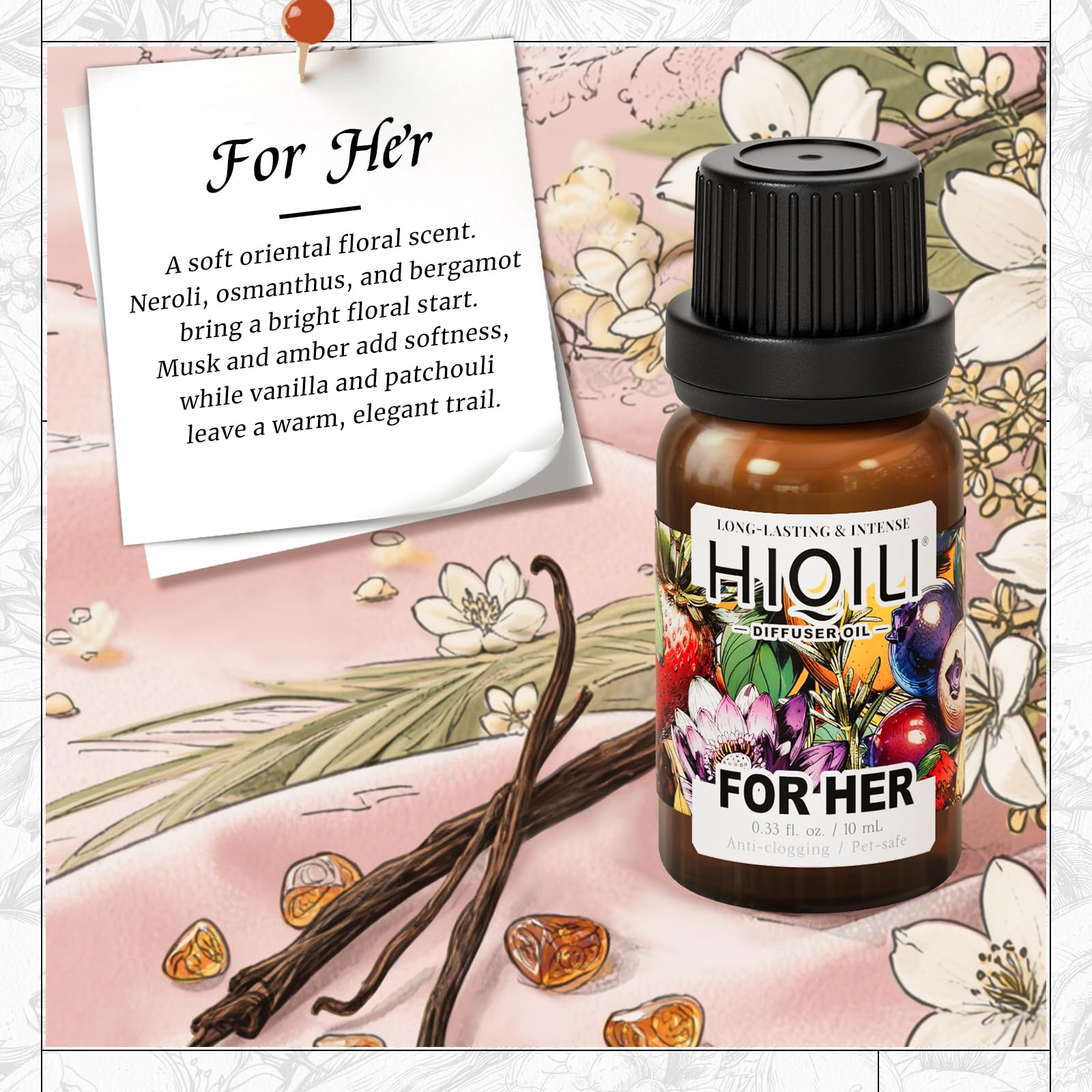 Close-up of HIQILI Diffuser Oil bottle label