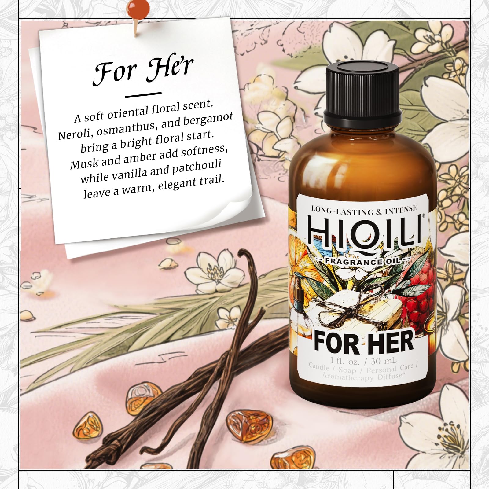 HiQILI For Her fragrance oil 1 oz label close-up