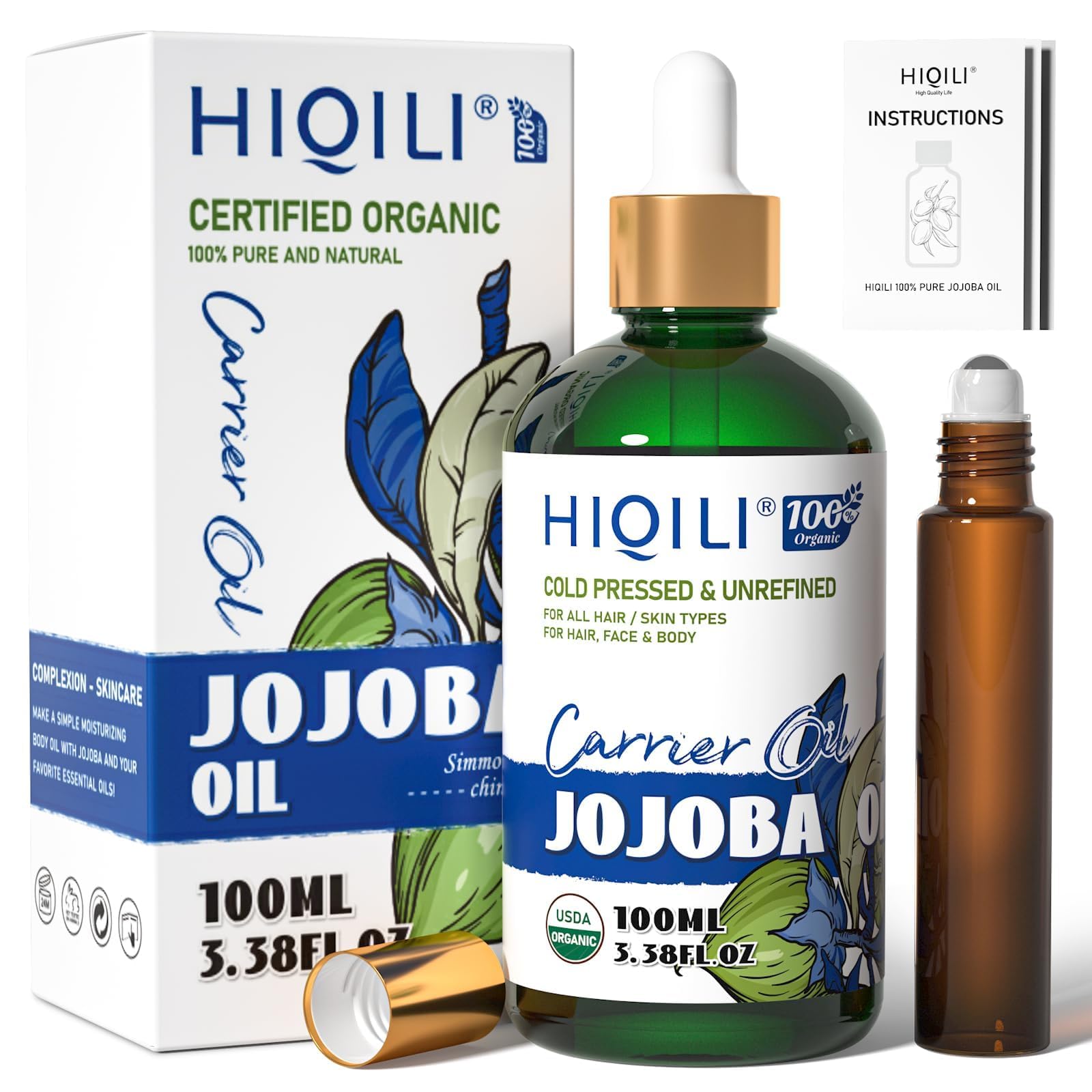HiQILI 100ml Organic Jojoba Oil with roller bottle - close-up