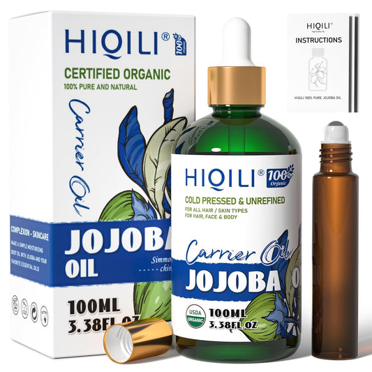 HiQILI 100ml Organic Jojoba Oil with roller bottle - close-up