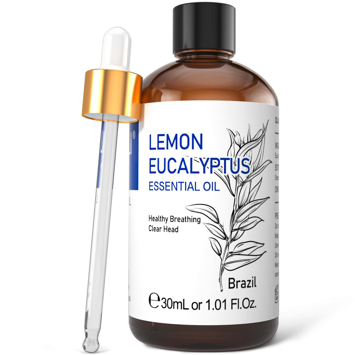 HIQILI Lemon Eucalyptus Oil bottle, 1.01 fl oz in amber glass