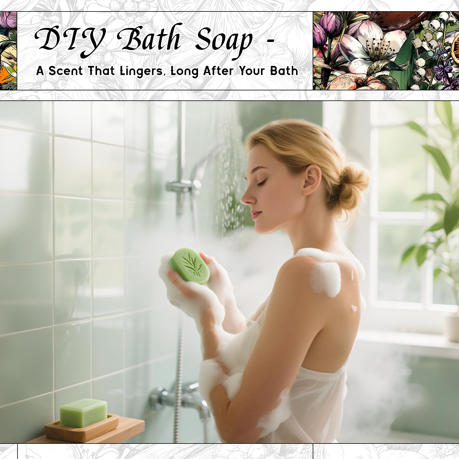 Fragrance oil bottle beside candle and soap for DIY projects