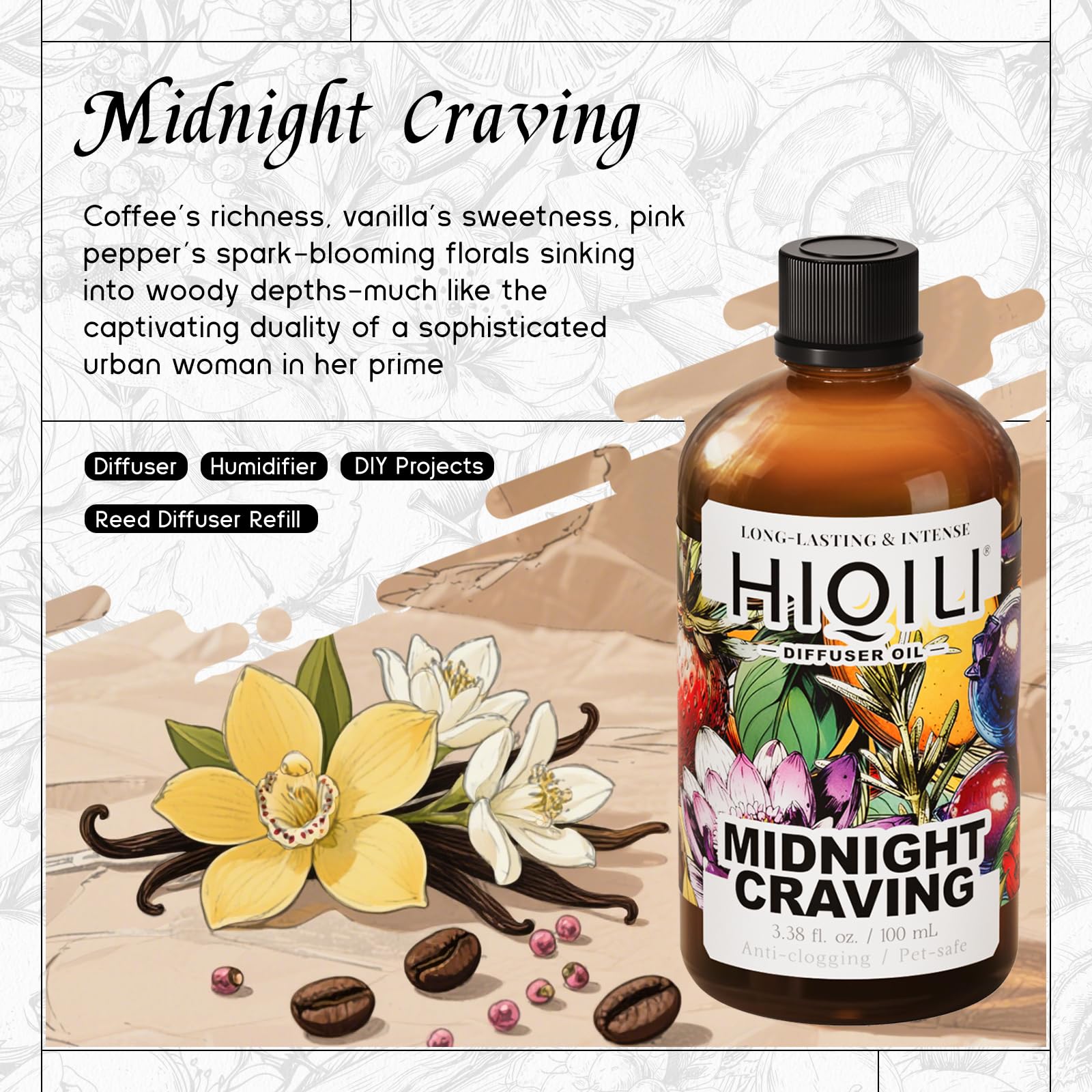Close-up of HIQILI Midnight Craving Diffuser Oil in amber bottle