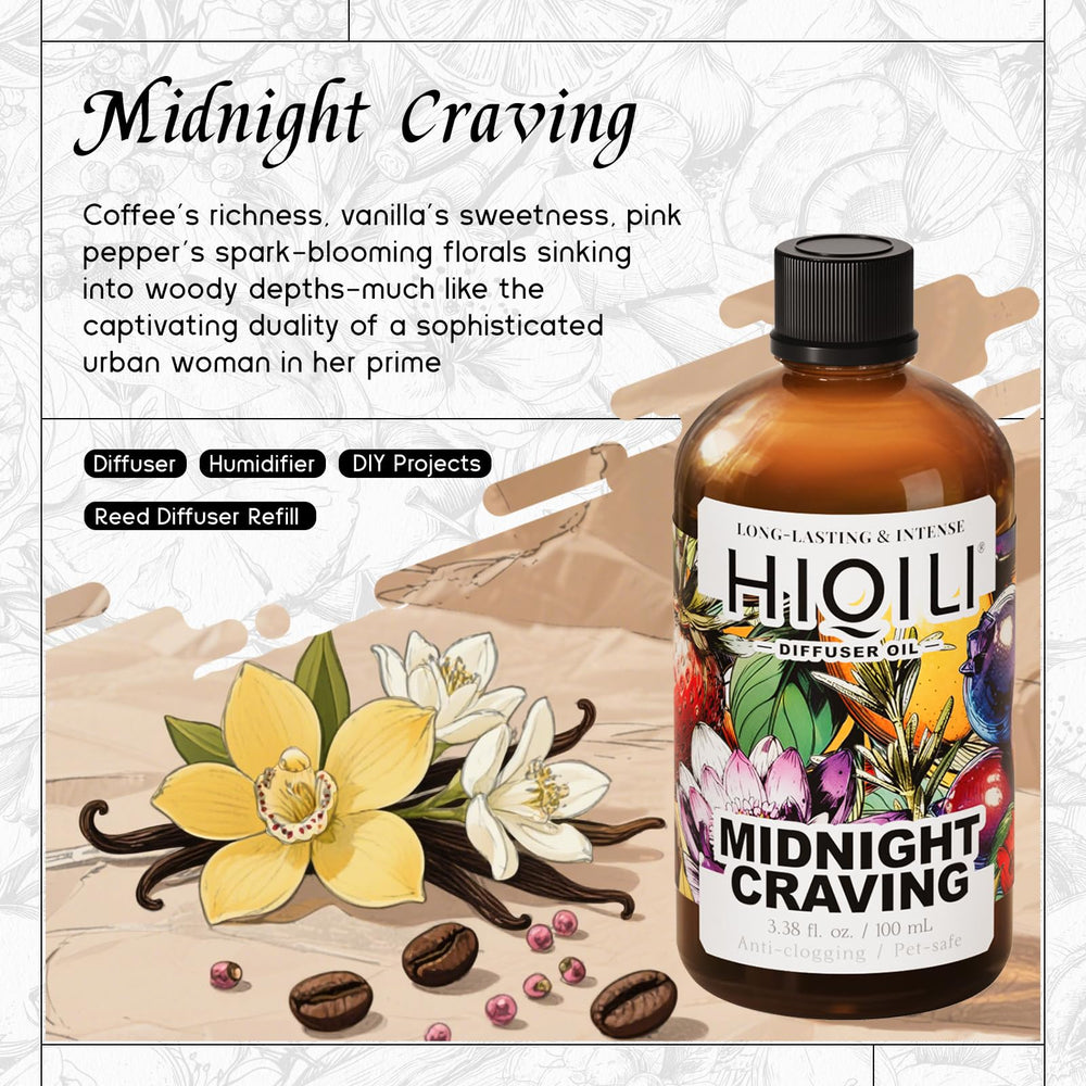 Close-up of HIQILI Midnight Craving Diffuser Oil in amber bottle