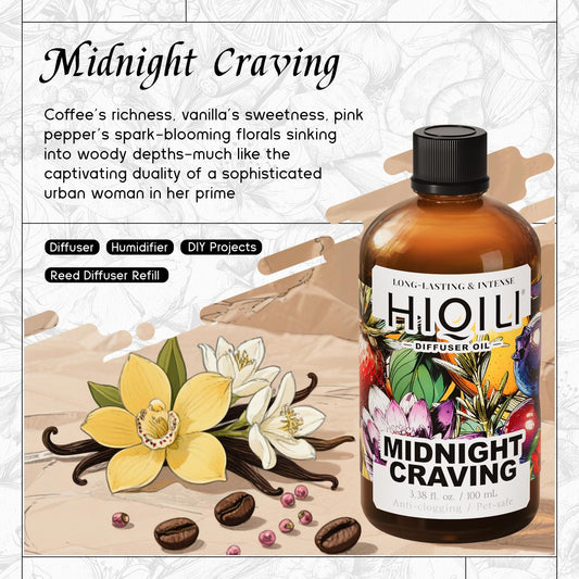 Close-up of HIQILI Midnight Craving Diffuser Oil in amber bottle