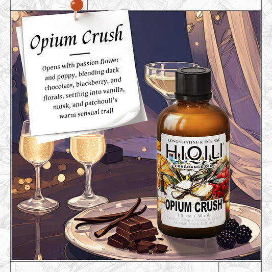 Close-up label of HIQILI Opium Crush fragrance oil
