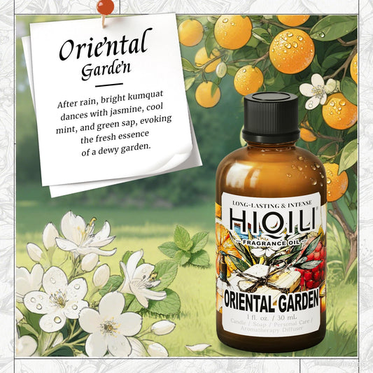 Close-up of HIQILI Oriental Garden Fragrance Oil 1oz diffuser bottle