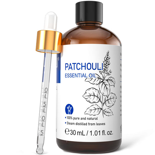 Hiqili patchouli essential oil bottle in amber glass with dropper