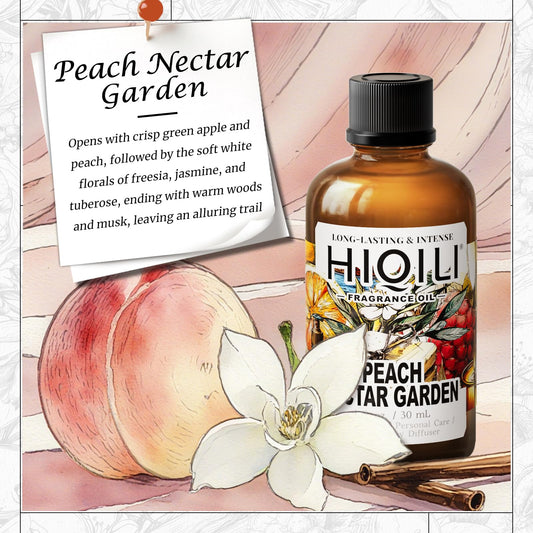 Close-up of HIQILI Peach Nectar Garden Fragrance Oil label