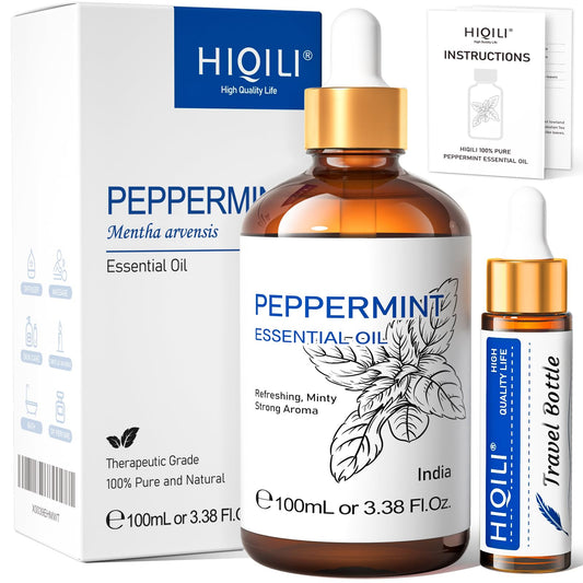 Bottle of HIQILI Peppermint Essential Oil beside a spray bottle