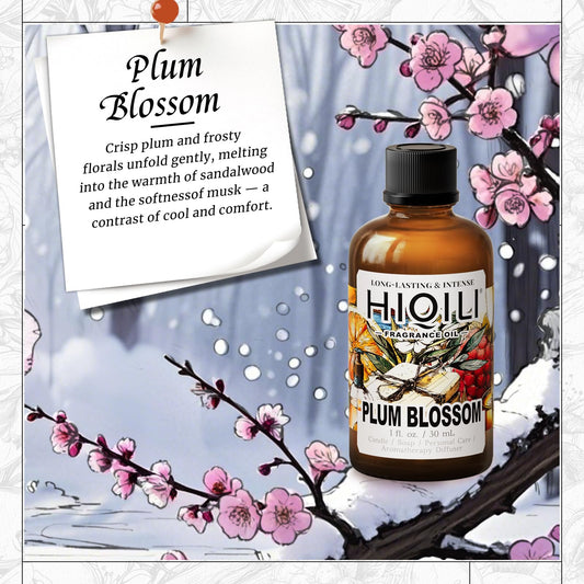 Label close-up of HIQILI Plum Blossom Fragrance Oil