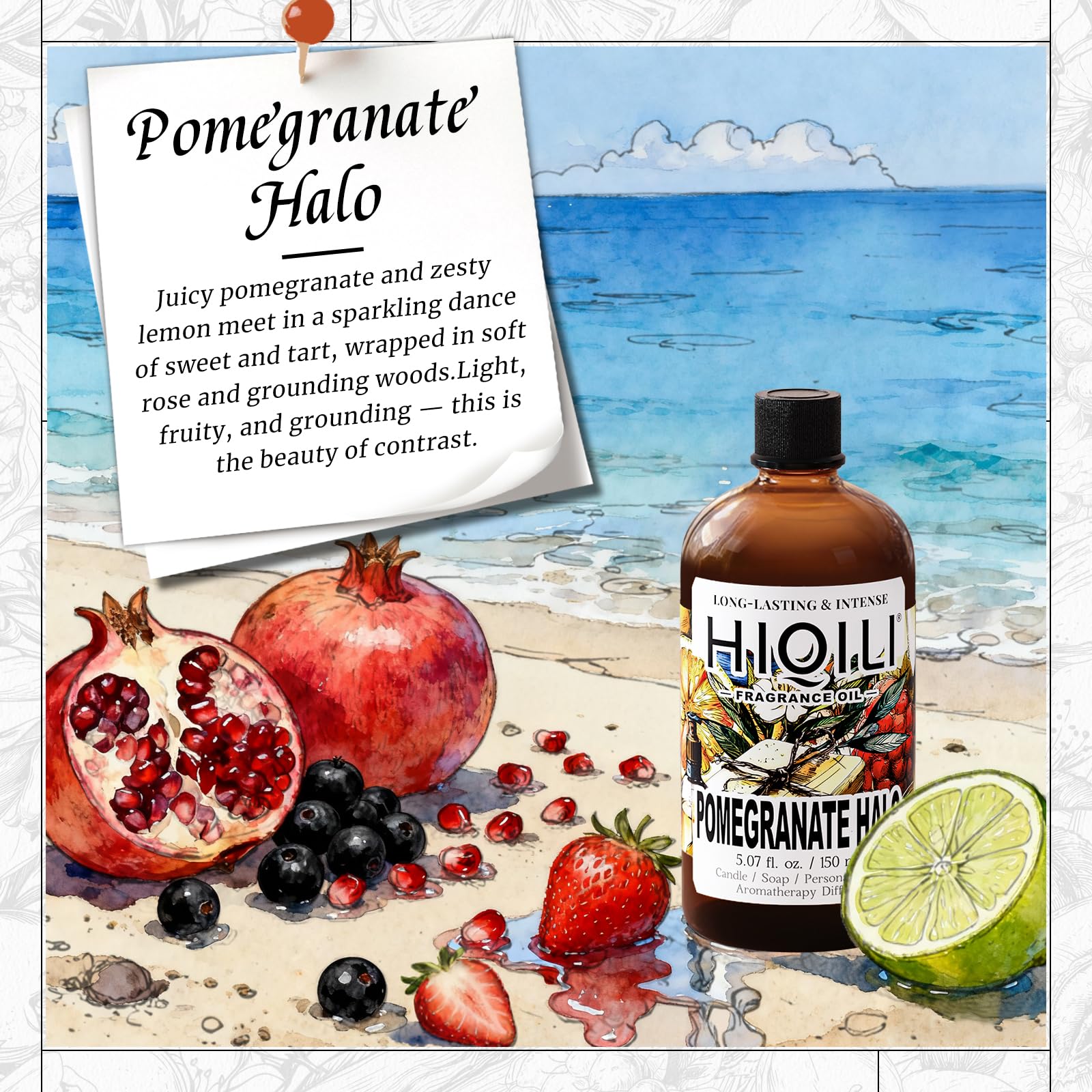 Close-up of glass vial showing Pomegranate Halo fragrance oil