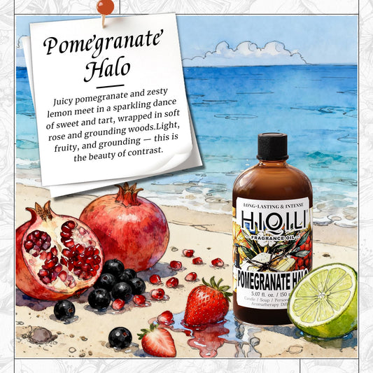 Close-up of glass vial showing Pomegranate Halo fragrance oil