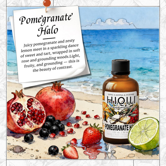 Close-up of HiQILI Pomegranate Halo fragrance oil dropper