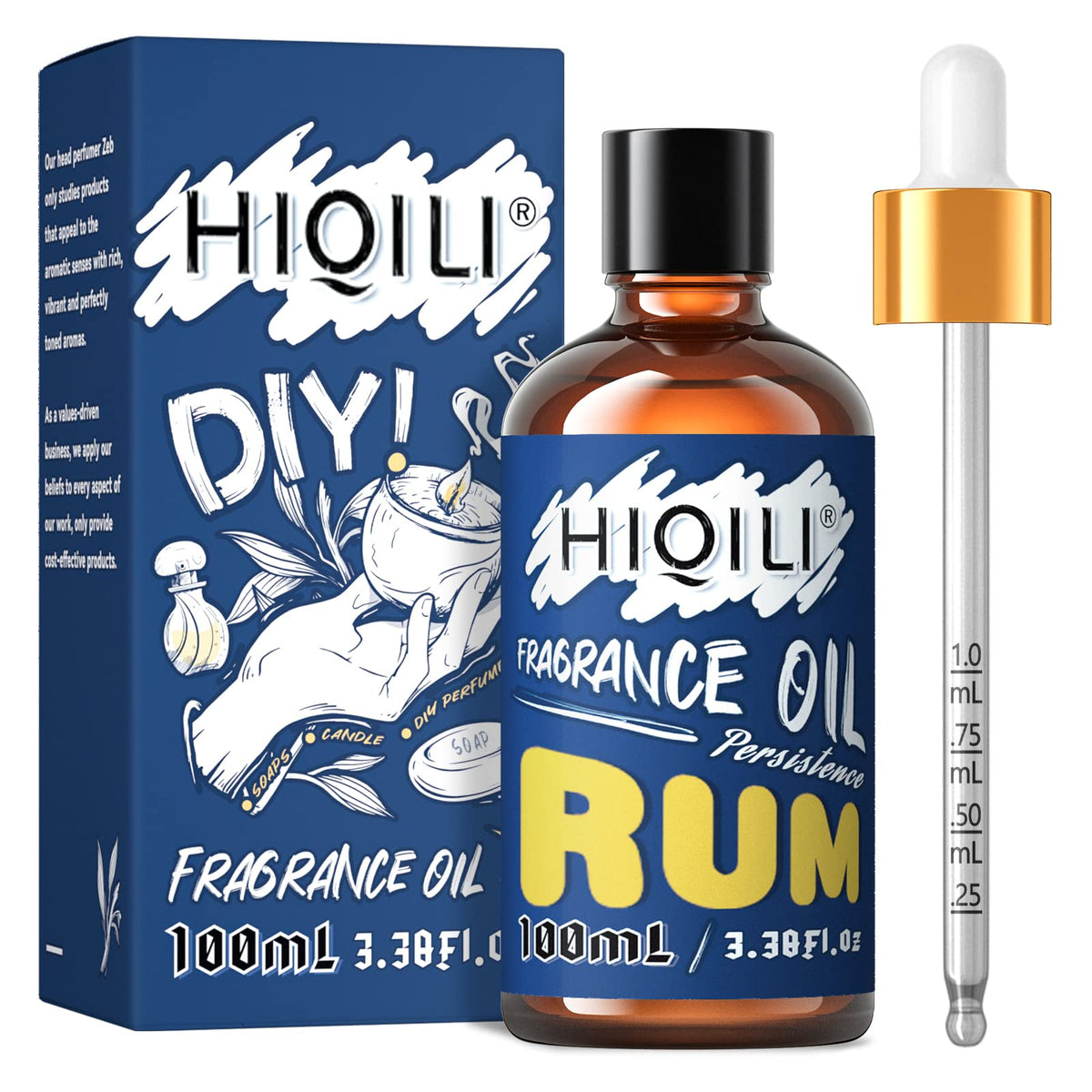Amber glass bottle with dropper containing HIQILI Rum essential oil
