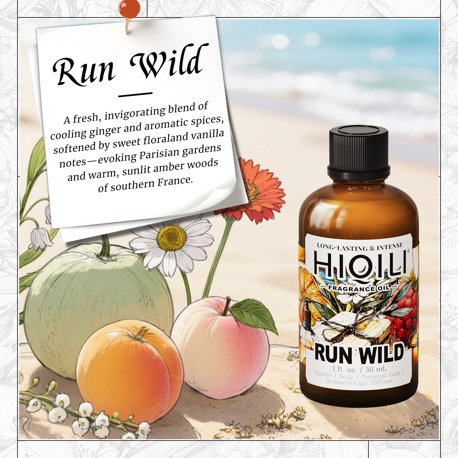 Close-up of Run Wild fragrance oil label and dropper