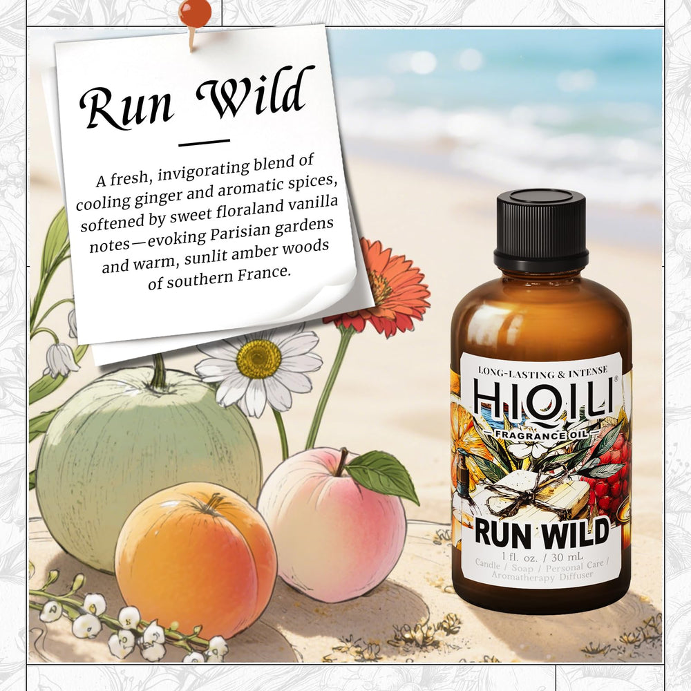Close-up of Run Wild fragrance oil label and dropper