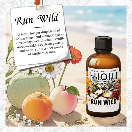 Close-up of Run Wild fragrance oil label and dropper