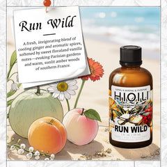 Close-up of Run Wild fragrance oil label and dropper