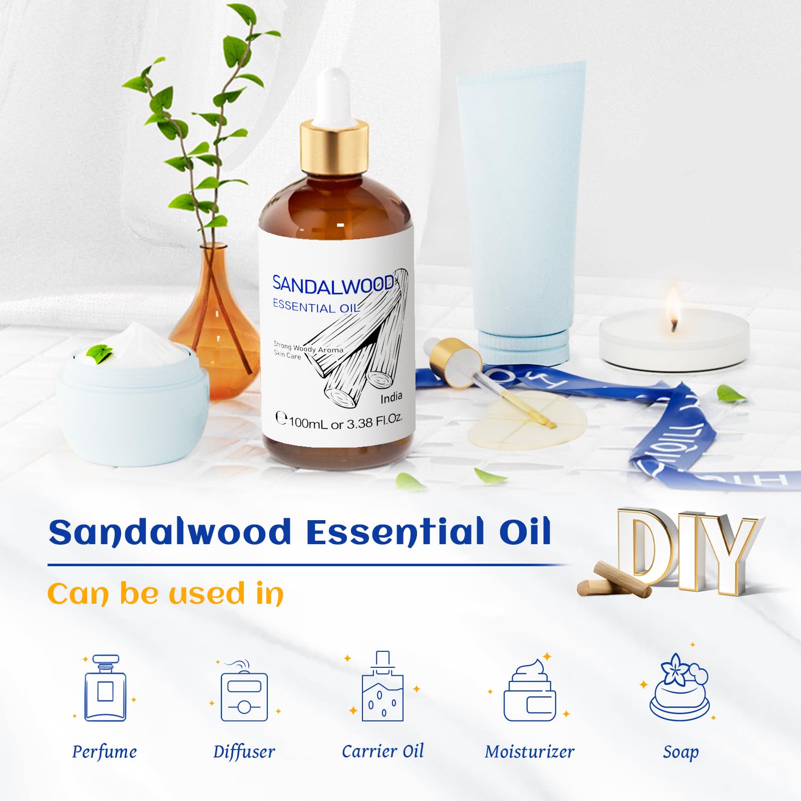 Sandalwood essential oil used in soaps, candles and DIY crafts