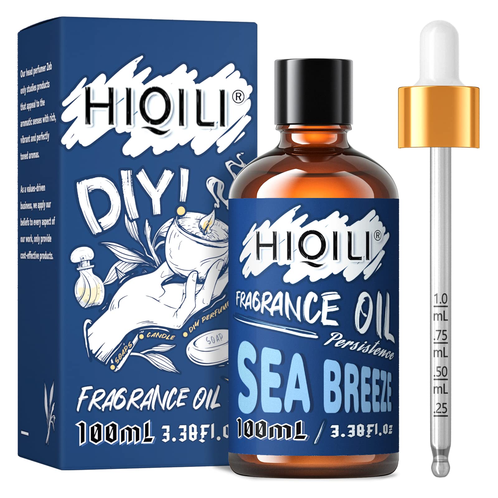 Amber glass bottle of HIQILI Sea Breeze essential oil with dropper