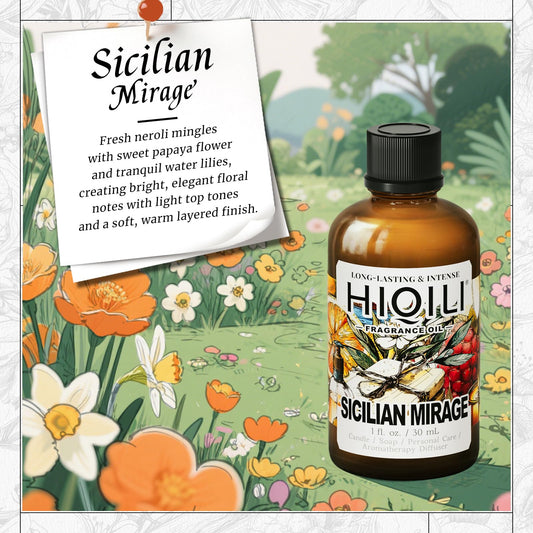 Close-up of HIQILI Sicilian Mirage fragrance oil label
