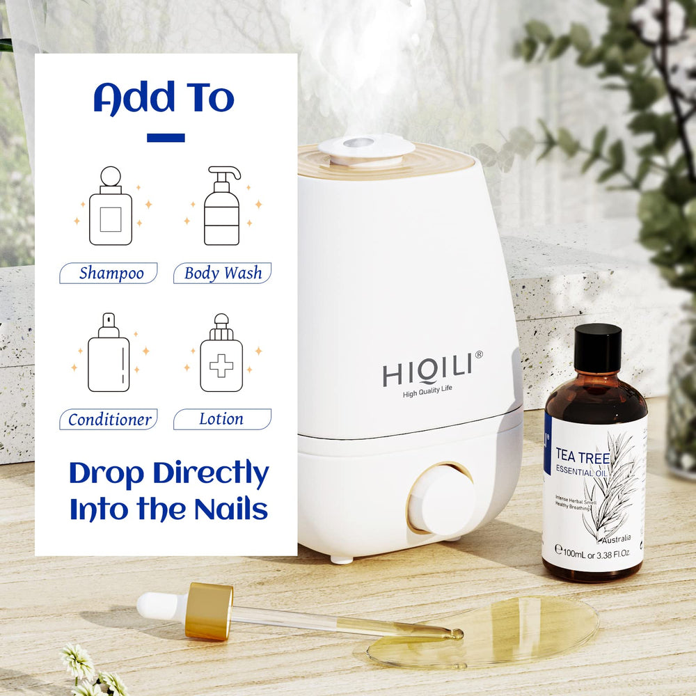 Shampoo bottle labeled with tea tree oil benefits