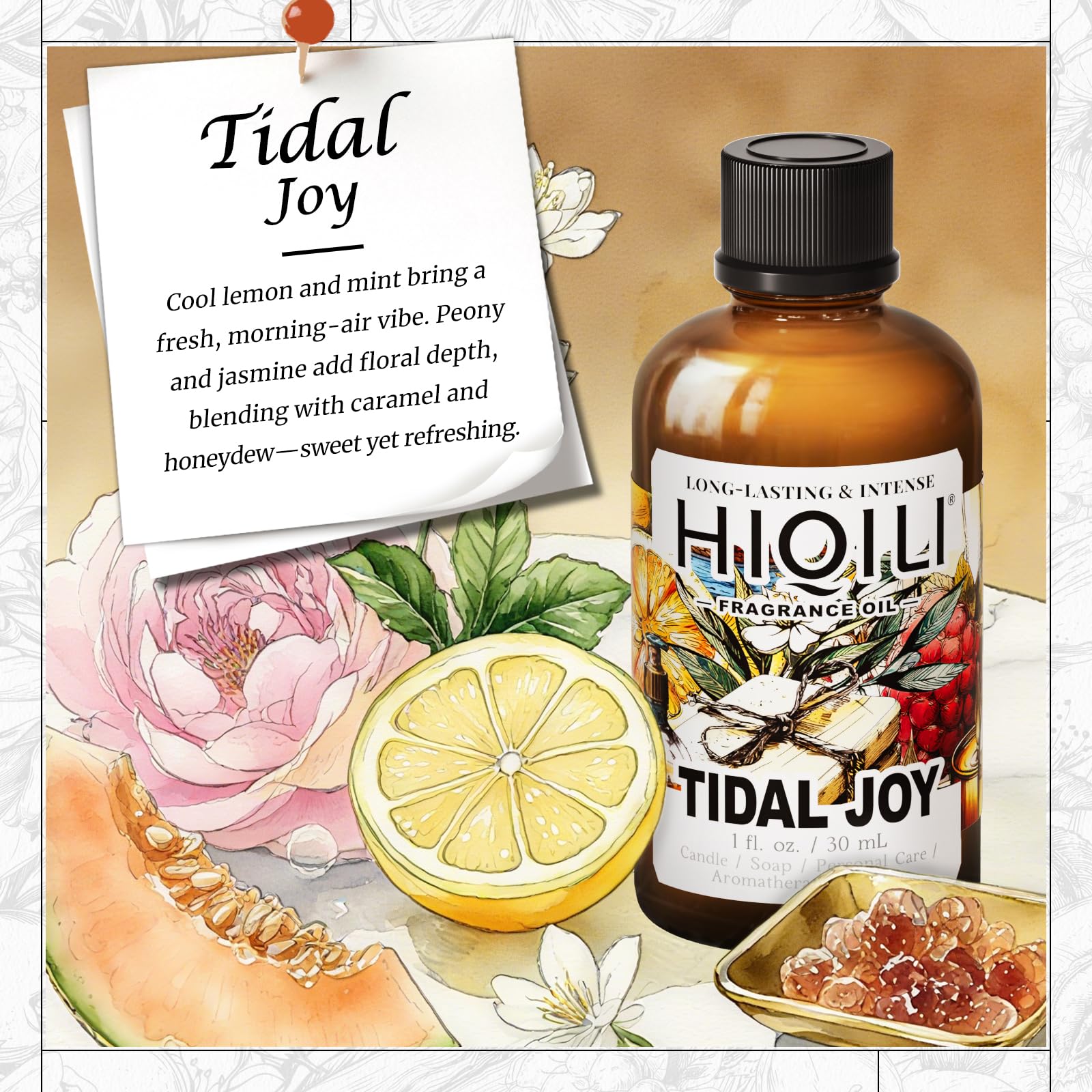 Close-up of HIQILI Tidal Joy fragrance oil bottle with dropper