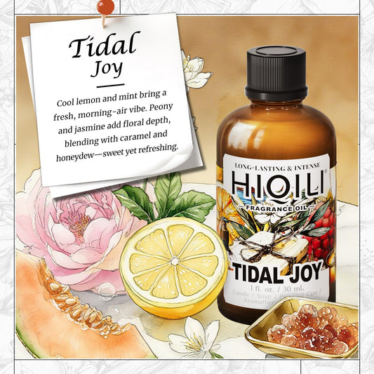 Close-up of HIQILI Tidal Joy fragrance oil bottle with dropper