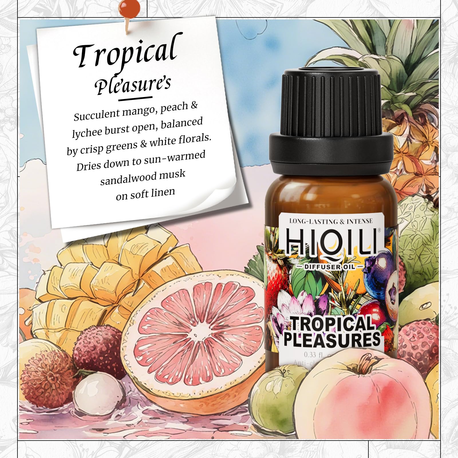 Close-up of HIQILI Tropical Pleasures label on the diffuser oil bottle
