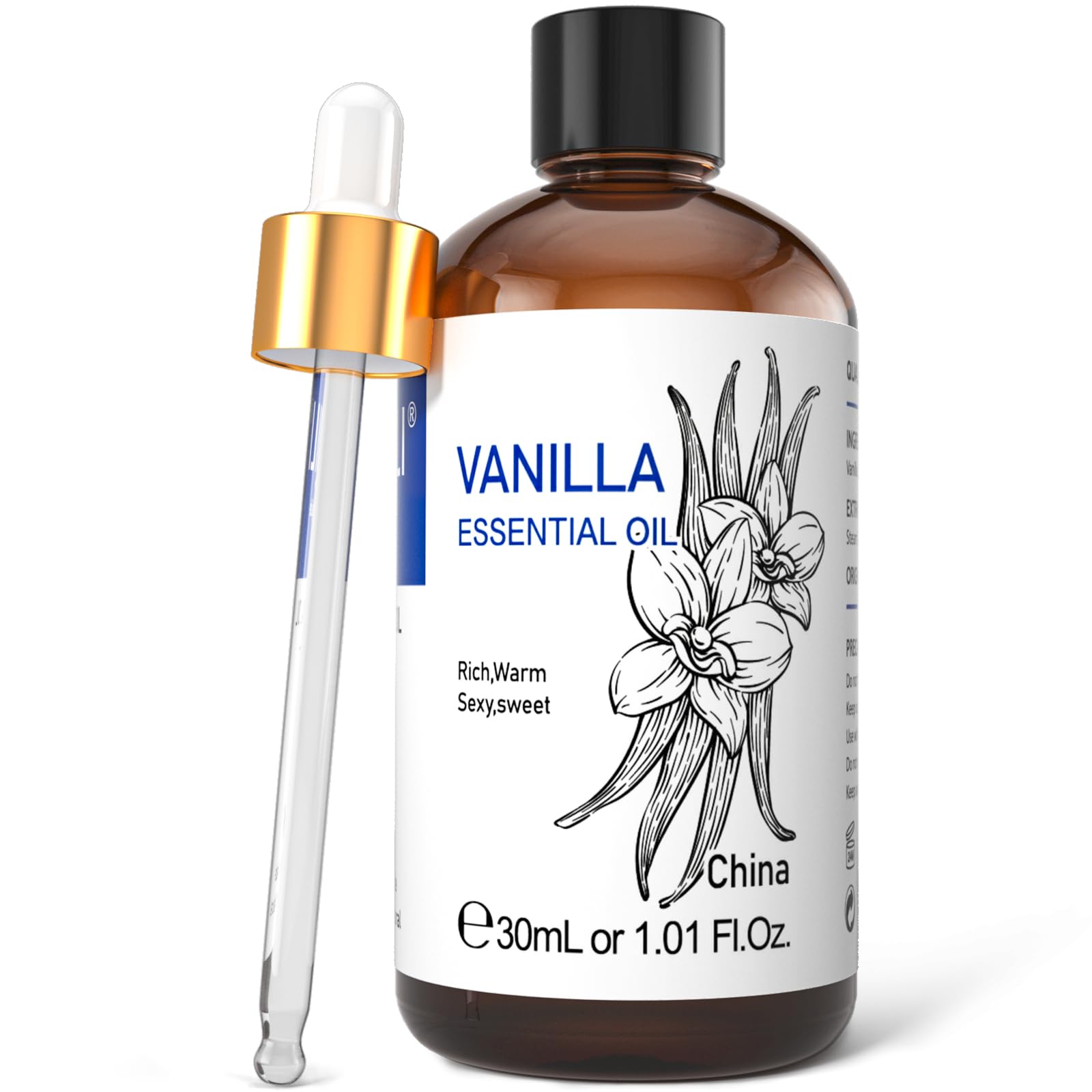 Amber 1 oz HIQILI Vanilla Essential Oil bottle