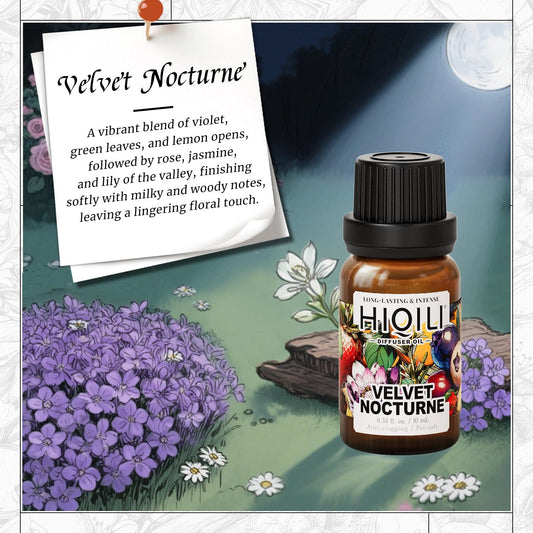 Close-up of HIQILI Velvet Nocturne Diffuser Oil bottle and label