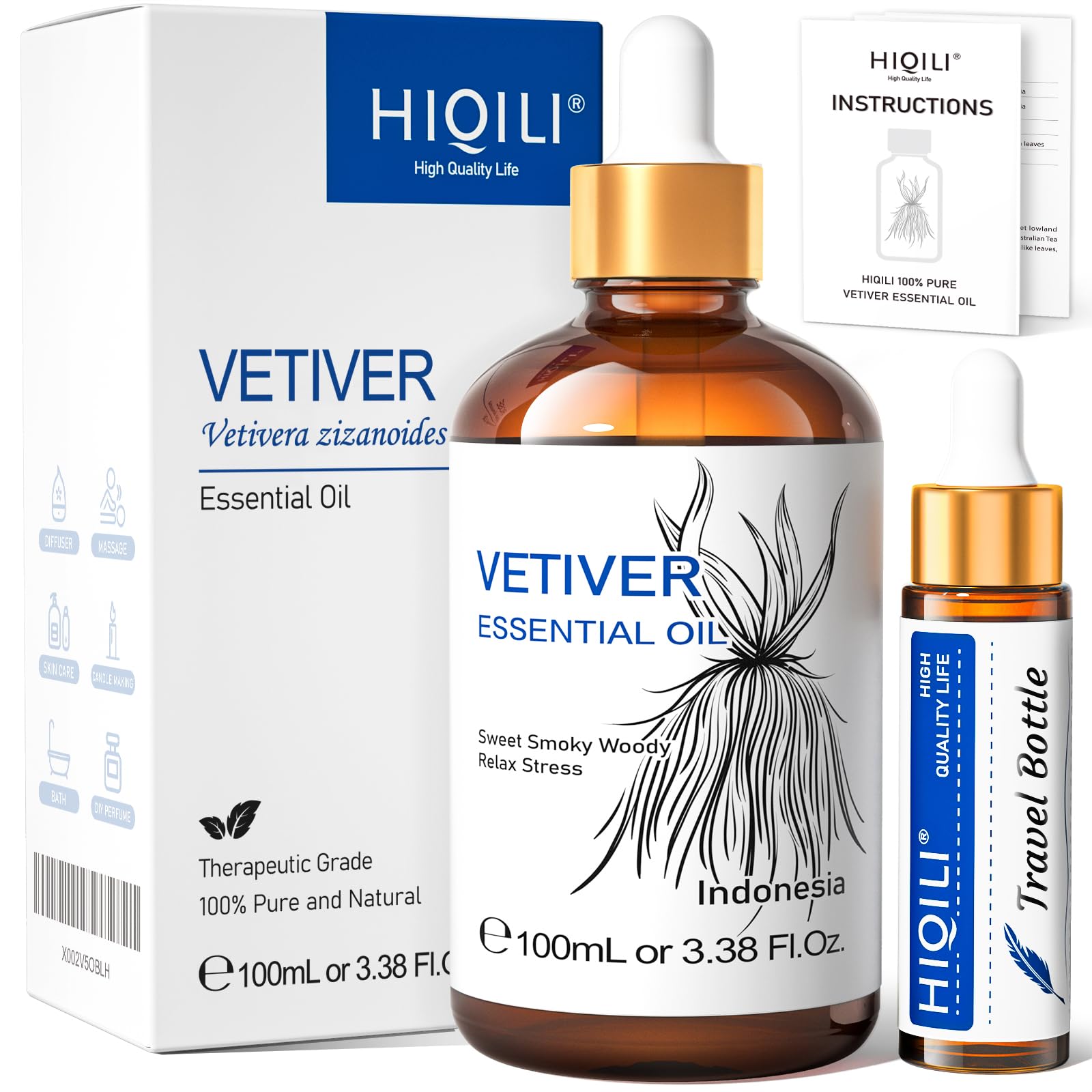 Amber glass bottle of HIQILI Vetiver essential oil, 100ml
